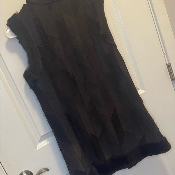 Damselle Suede patchwork rabbit trimmed vest with Toggle Horned buttons. - Picture 3 of 6